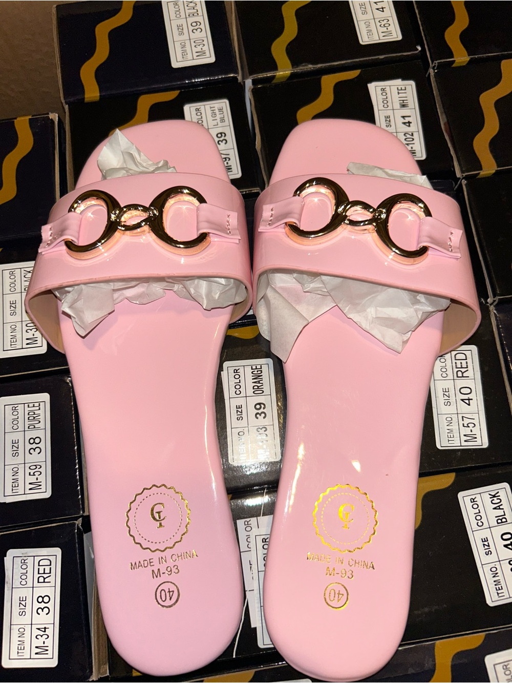 Women’s Pink Slide Mules with Gold Chain Accent